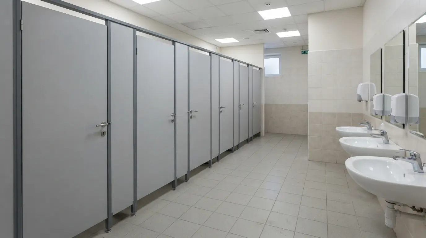 Сантехнические перегородки из поликарбоната в раздевалках спортзала: размеры и планировка — фрагмент конструкции